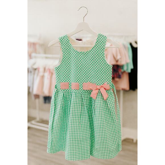 Bonnie Jean Girls Gingham Dress Green Pink Bow Size 14 Sleeveless Easter Spring - Picture 1 of 4